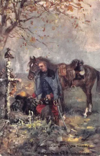 Kunst Kavallerie Soldat Pferd am Kameraden Grabstätte Kreuz Vintage Postkarte
