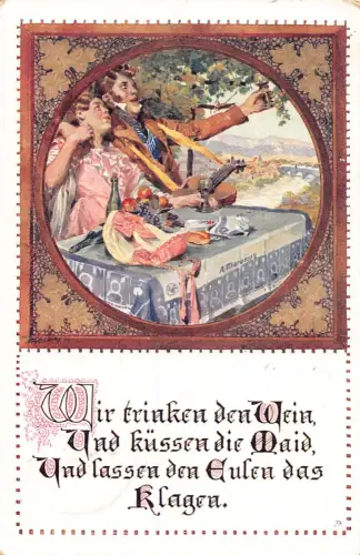 Paar Gitarre Früchte Wein Flaschen Kunst von A Marussig 1913 Vintage Postkarte