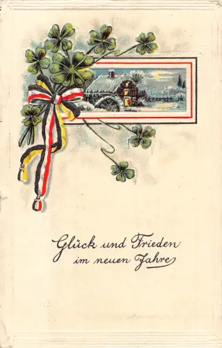 Neujahrsgrüße 1916 Wassermühle Kleeblatt deutsche Flagge Band 1. Weltkrieg Feldpostkarte