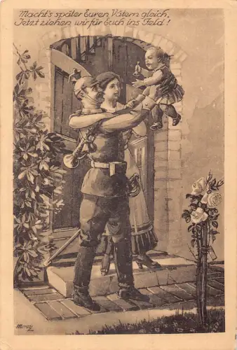 Paar Soldat erzieht Baby Trompete Schwert Rose Kunst 1916 1. Weltkrieg Feldpostkarte