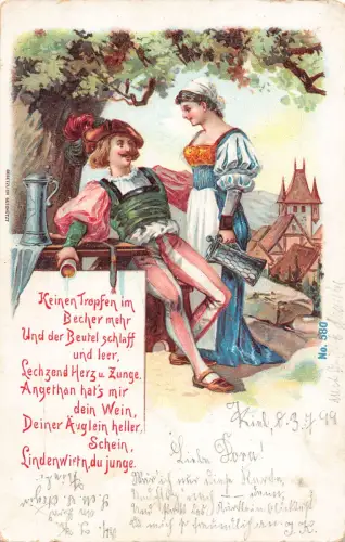 Mittelalter Szene 1899 Gedicht Mann verschüttet Bier ansprechende Kellnerin Liebe Postkarte