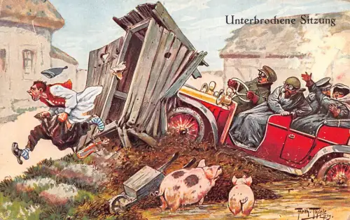 Comic Humor 1929 Auto kracht ins Freie Toilette Mann läuft Schweine Postkarte