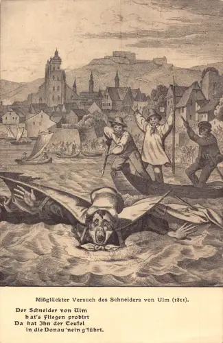 Legende Scheitern des Schneiders aus Ulm bei fliegenden Bootsmännern lachen alte Postkarte