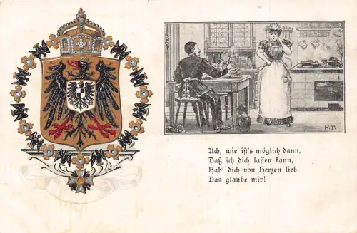 Deutsches Reich Wappen Adler Frau kocht Ehemann isst Gedicht Postkarte