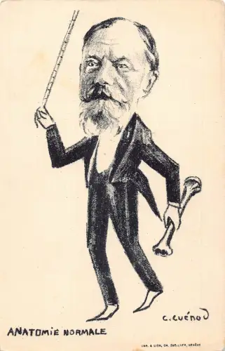 Anatomie Normale Karikatur gezeichnet alter Mann Stock und Knochen Vintage Postkarte