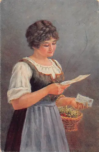 Kunst von E Braun Frau mit geflochtenen Haaren liest Liebesbrief Vintage Postkarte