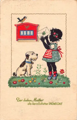 Silhouette kleines Mädchen Brief im Briefkasten Hunde Kleeblatt Blumen Vogel Postkarte