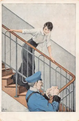 Mädchen wartet auf Treppe auf Postbote Postbote zum Briefteilen 1917 Postkarte