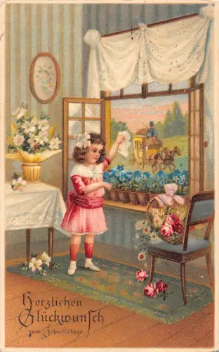 Geburtstag 1919 Mädchen flatternde Briefe Postkutsche Rosen Blumen geprägte Postkarte