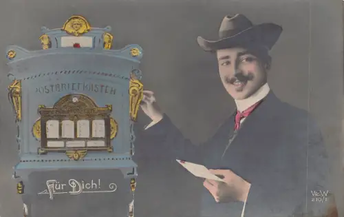Postbriefkasten Briefkasten Mann lächelnd Brief Fell dich! alte postkarte