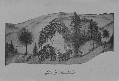 Postkutsche Mondschein Postkutsche auf Straße Wald Hügel Hund Vintage Postkarte