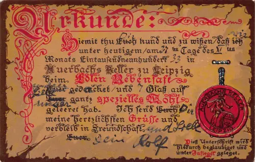 Werbung Auerbachs Keller Leipzig Restaurant geprägte alte Postkarte.
