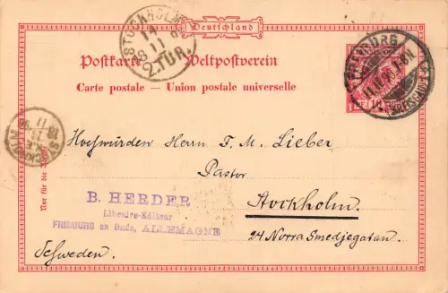 Deutschland, Freiburg B Herder Waage 1890 nach Stockholm Schweden Ganzsache