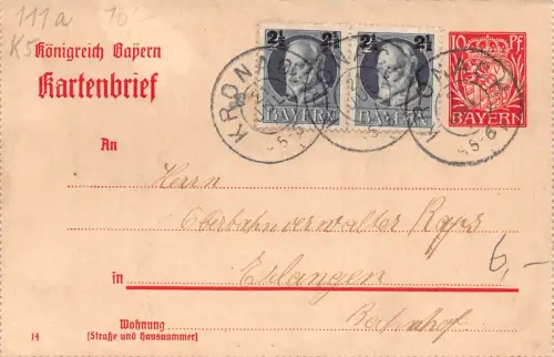 Deutschland Kronach Bayern 1917 nach Erlangen Ganzsache