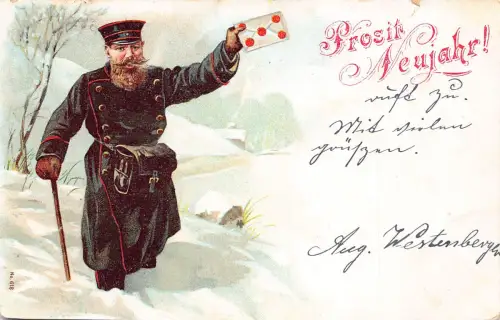 Neujahrsgrüße 1906 Postbote wandelnd im Schnee Brief Litho Ganzsache