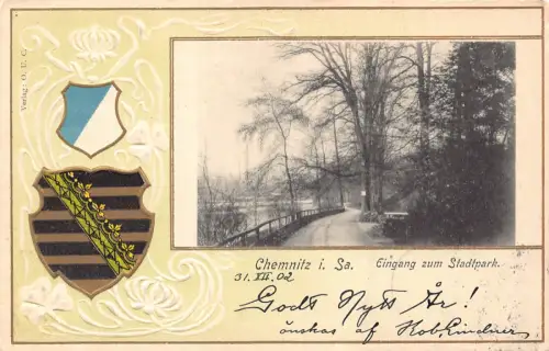 Deutschland 1902 Chemnitz i Sa Eingang zum Stadtpark Wappen Prägepostkarte