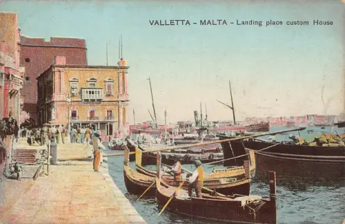 Malta Valletta Grand Harbour Landungsplatz Pier Boote Vintage Postkarte