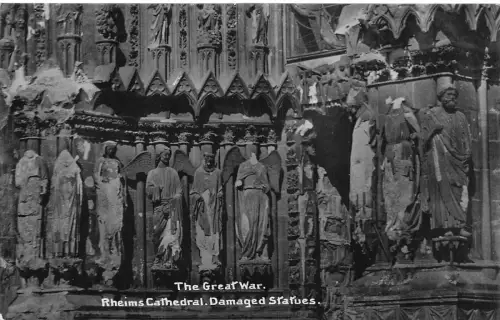 Frankreich WWI Katastrophe Reims Kathedrale beschädigt Statuen nach Bombardements Postkarte