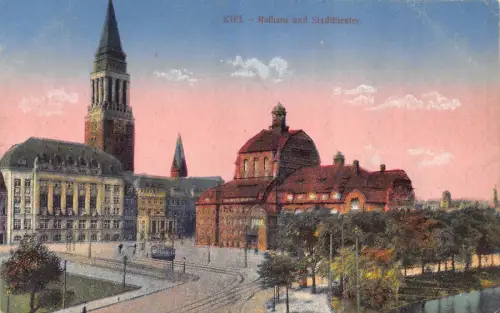Deutschland Kiel Rathaus und Staatstheater Vintage Postkarte