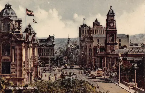 Südafrika Durban West Street Straßenbahn Autos Uhrturm Vintage Postkarte