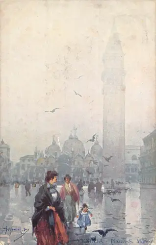 Italien Venedig Venezia 1908 Piazza San Marco bei Nebel Mädchen Mutter Vintage Postkarte