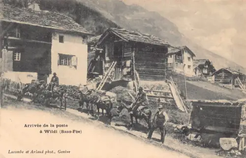 Schweizer Post Ankunft in Wildi Saas Fe Pferde Postbote Vintage Postkarte