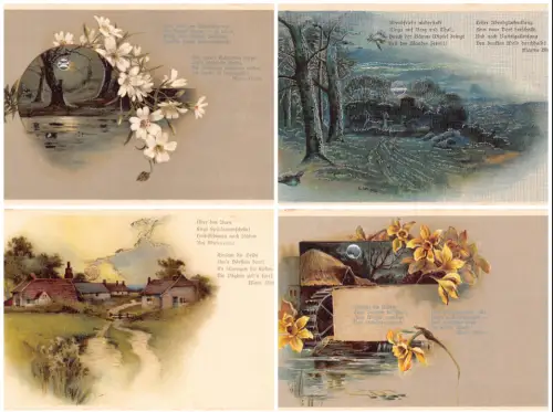 Mond und Sonne Mondlicht Narzisse Blumen Häuser Lot 4 Postkarten C348