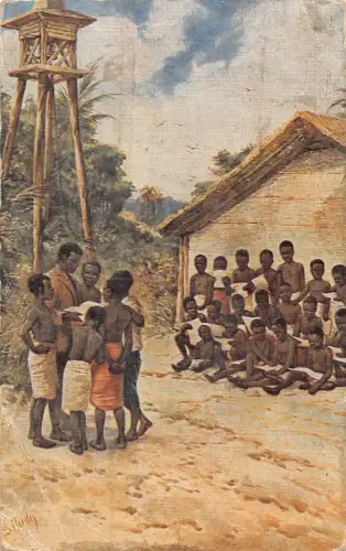 Kunst Kongo Ureinwohner Kinder in der Schule Jungen Lehrer Hütte Vintage Postkarte