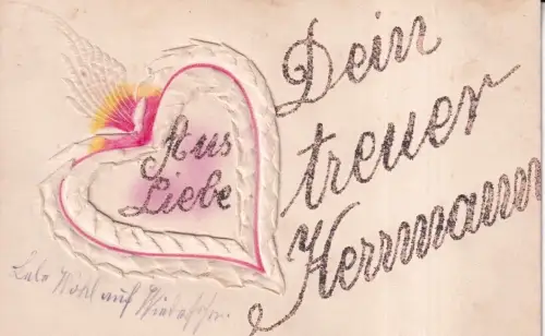 Mit Liebe Freundschaft Herz geschnitten in Papier Details Glitzer Vintage Postkarte