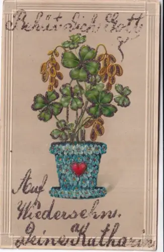 Gruß 1916 Kleeblätter Vergissmeinnicht Allegorik Topf Glitzer geprägt Postkarte