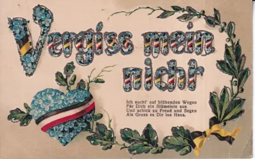 Gruß 1911 Vergissmeinnicht Blumen Herz Blätter Flagge Glitzer geprägt Postkarte