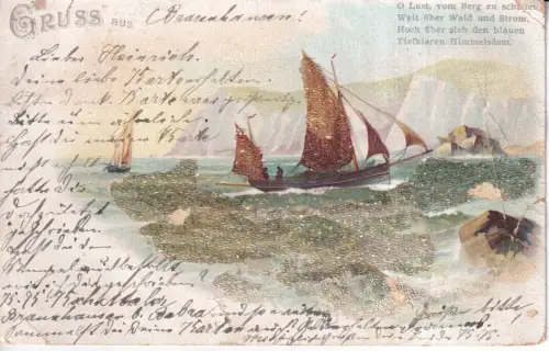 Gruss aus 1900 Segelboote auf Meeresklippen Glitzer Vintage Postkarte