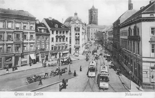 Deutschland Gruss aus Berlin Molkenmarkt Straßenbahn Kutschen Geschäfte Vintage Postkarte