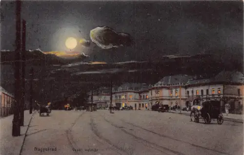 L513 Rumänien Oradea Nagyvarad 1915 Bahnhof Mondschein Vintage Postkarte