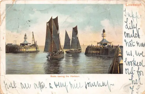 England 1902 Lowestoft Boote verlassen den Hafen Vintage Postkarte