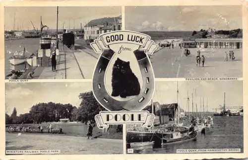 England 1964 Viel Glück aus Poole Hufeisen schwarze Katze Boote Kai Park Postkarte
