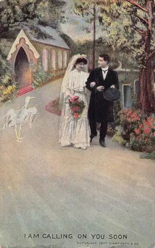 England 1907 Ich rufe dich bald Storch frisch verheiratet Paar Blumen Braut Postkarte