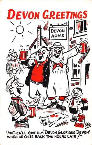 England 1963 Devon Grüße Comic Humor betrunken Männer Inn Pfeife rauchender Hund Postkarte