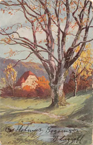Russland malerische Landschaft mit Baum und Haus im Herbst Vintage Postkarte