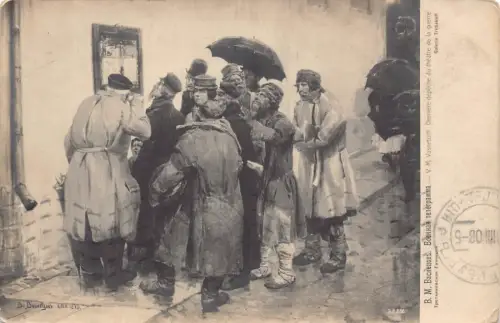 Russland 1908 Kunst von VM Vasnetov Männer lesen Nachrichten von der Front alte Postkarte