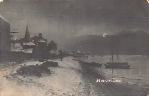 Russland 1914 Nacht im Dorf Boote Meer Schnee Mondlicht Kunst Vintage Postkarte