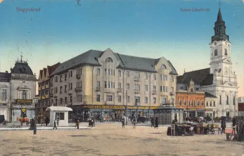 L514 Rumänien Oradea Nagyvarad Szent-Laszlo ter Bank Handel Vintage Postkarte