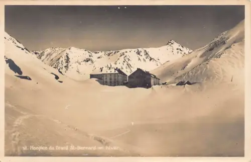 Schweiz Hospiz du Grand Bernhardiner Winter Schnee Berg Vintage Postkarte
