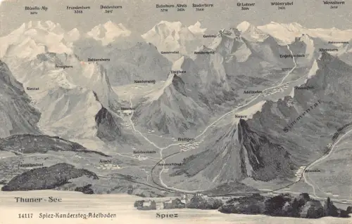 Schweiz Spiez-Kandersteg-Adelbaden Berggipfelkarte Vintage Postkarte