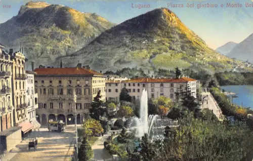Schweiz Lugano Piazza del Giardino e Monte Bre Brunnen Vintage Postkarte