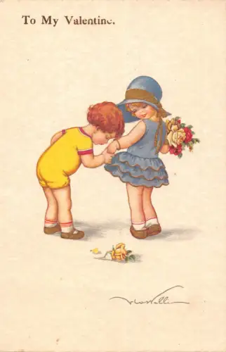 Valentinstag Grüße Junge fragt Mädchen Rosen Blumen Kunst von Covalli Postkarte C355