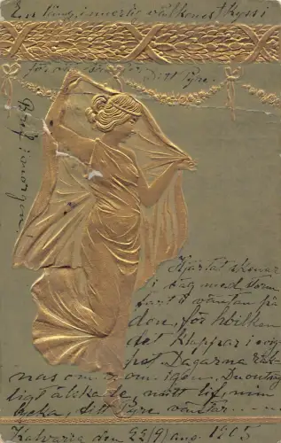 Jugendstil 1905 Dame goldenes Kleid und Dekoration geprägte Postkarte C355
