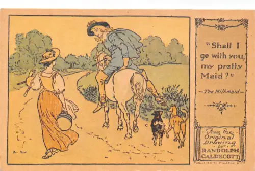 Reproduktion von Randolph Caldecott Kunst Das Milchmädchen Pferd Hunde Postkarte C355