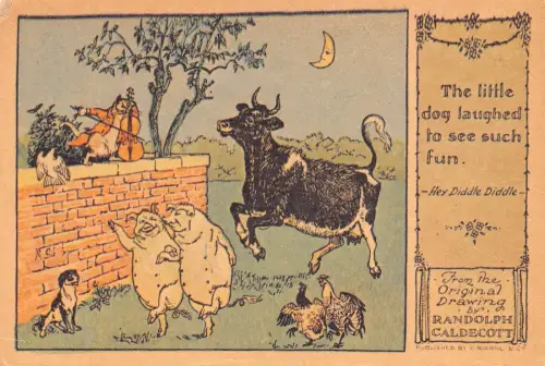 Reproduktion von Randolph Caldecott humanisiertes Schwein Kuh Mond Violine Postkarte C355