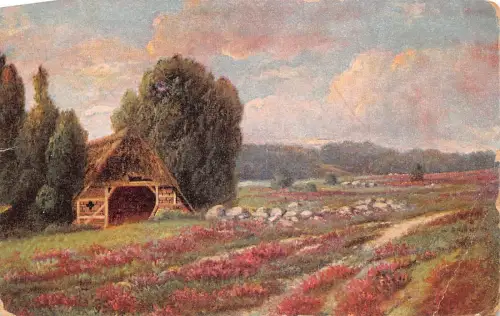 L323 Deutschland unbekanntes Gemälde Hütte Bäume Landschaft Blumen Vintage Postkarte